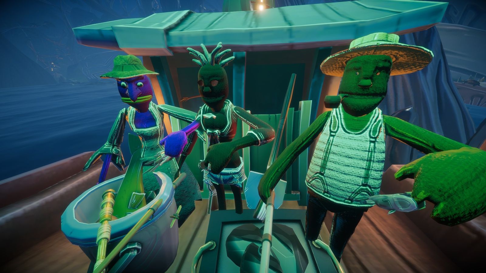 Two puppet anglers on the main dock at dusk before a fishing trip